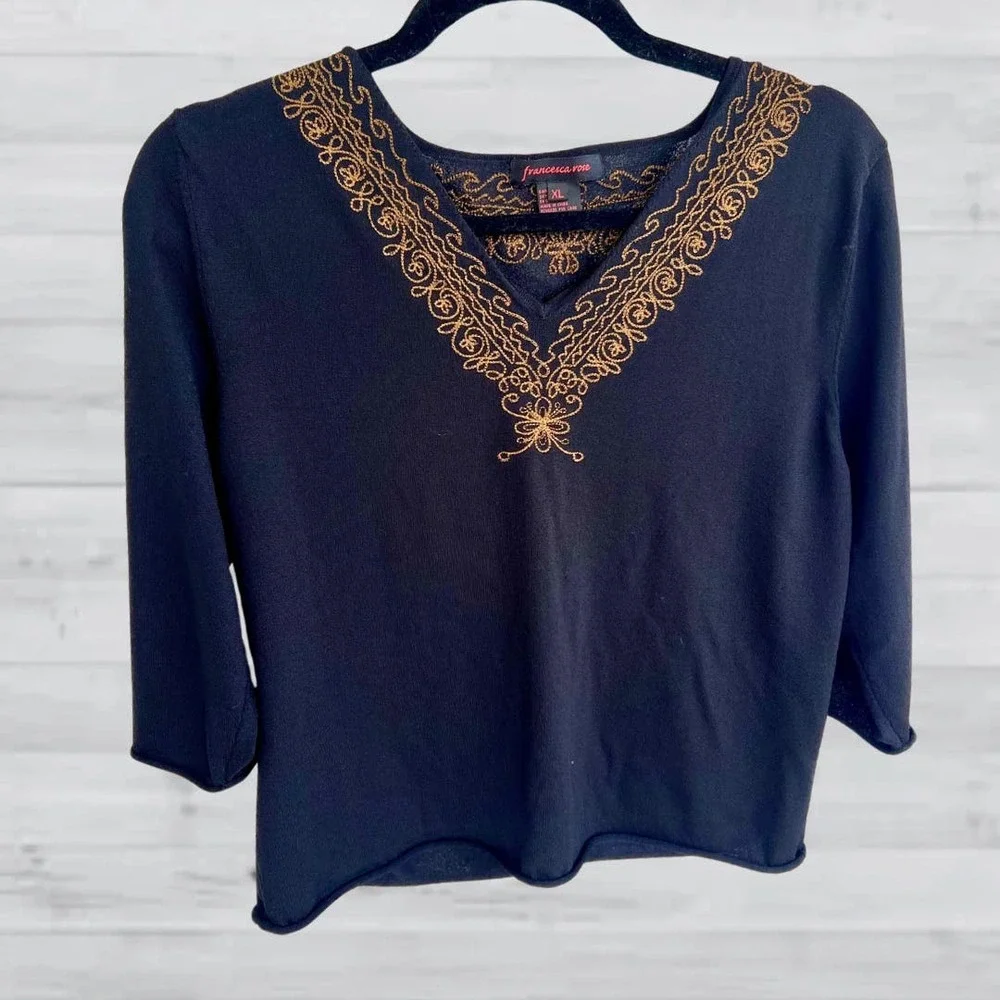 Francesca Rose V-Neck 3/4 Sleeve Blouse, Black w/ Gold Flower Embroidery, L / XL - Picture 1 of 10